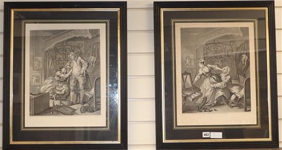 After Hogarth, pair of engravings, Before and After, 44 x 35cm